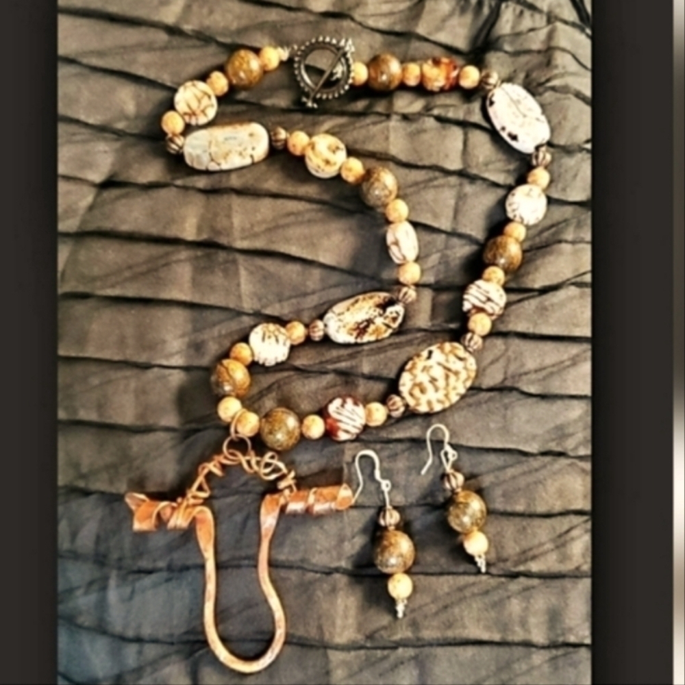 Brass Bead Toggle Necklace Earrings Set